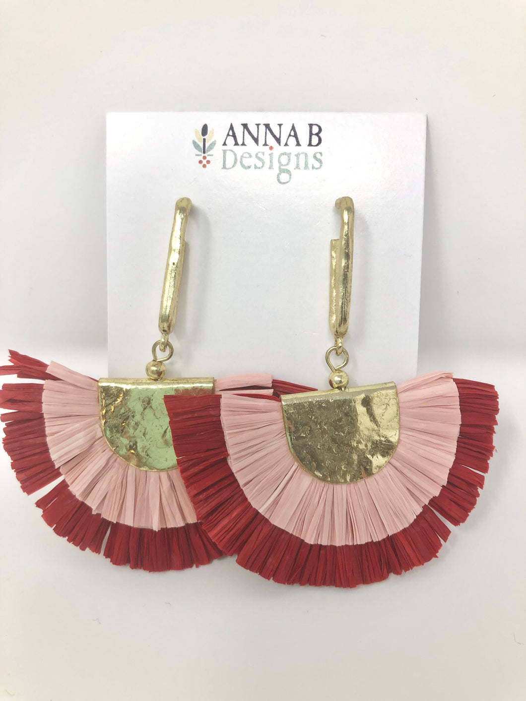 Double Raffia Fan Earrings- Pink + Red