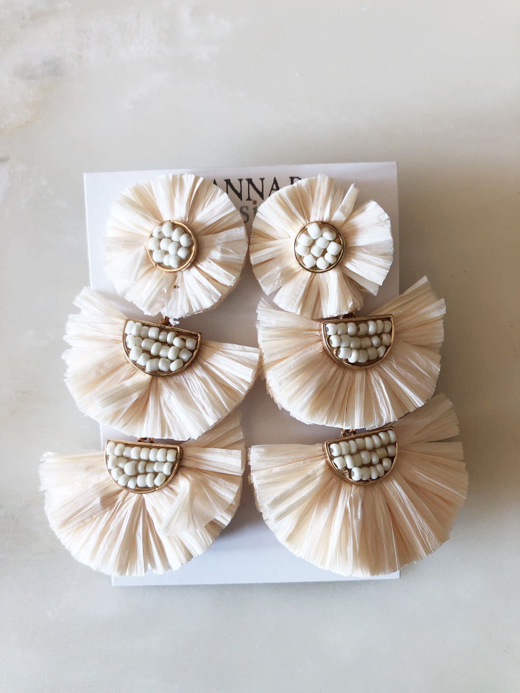Triple Raffia Floral Earrings-Ivory